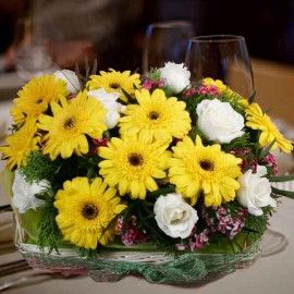 10 Yellow Gerbera & 8 White Roses Basket Arrangement