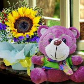 Bear 15cm & Sunflower Standing Bouquet