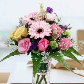 Mixed Gerbera & Roses In Glass Vase All-Round Small Table Arrang