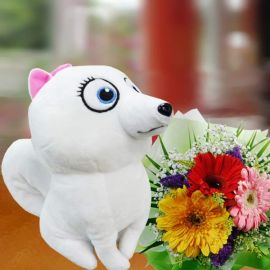 18cm Snow-White Puppy & 3 Mixed Gerbera Bouquet