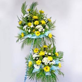 Chrysanthemum yellow with white pompom 2 tiers